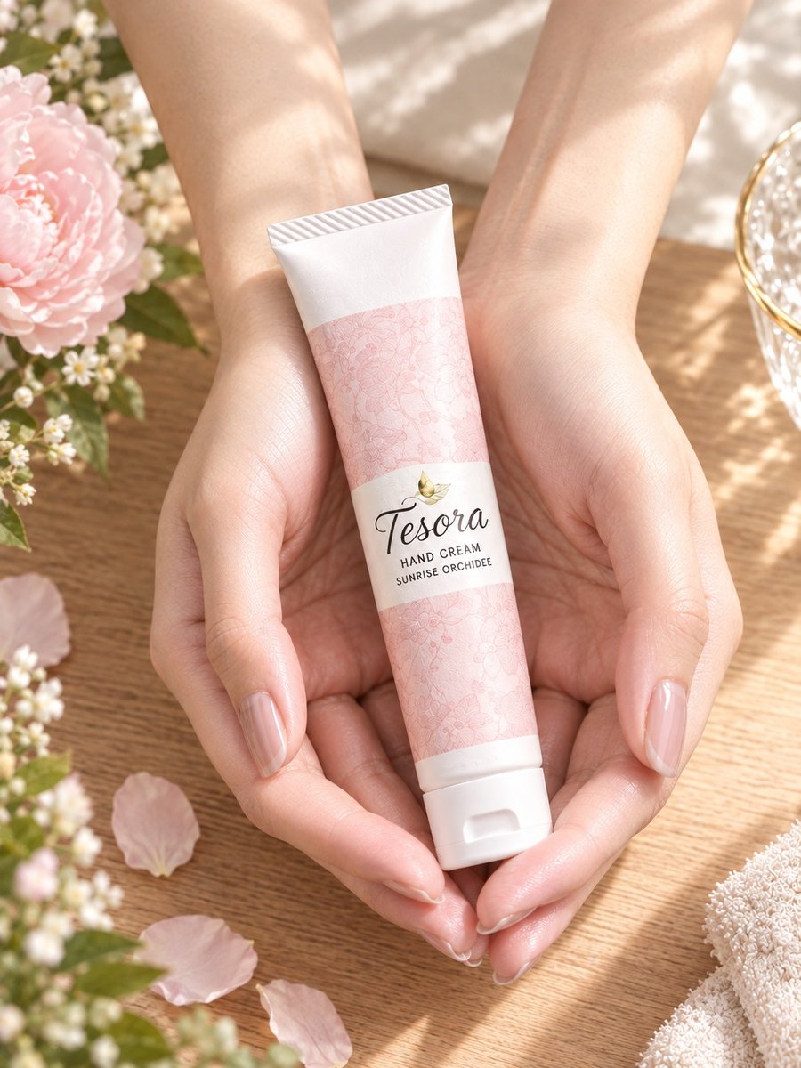 サンライズオーキデ（蘭のお花の香り）のtesoraハンドクリームを両手で持つ手元